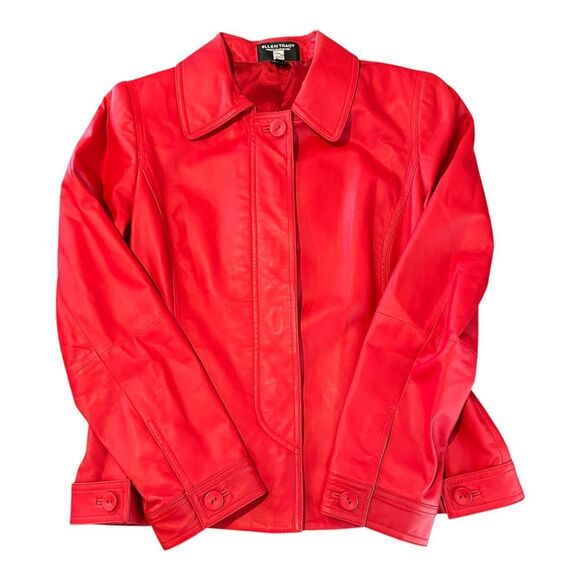 Ellen Tracy for Saks Fifth Avenue Red 100% leather jacket with an acetate lining - Picture 1 of 8